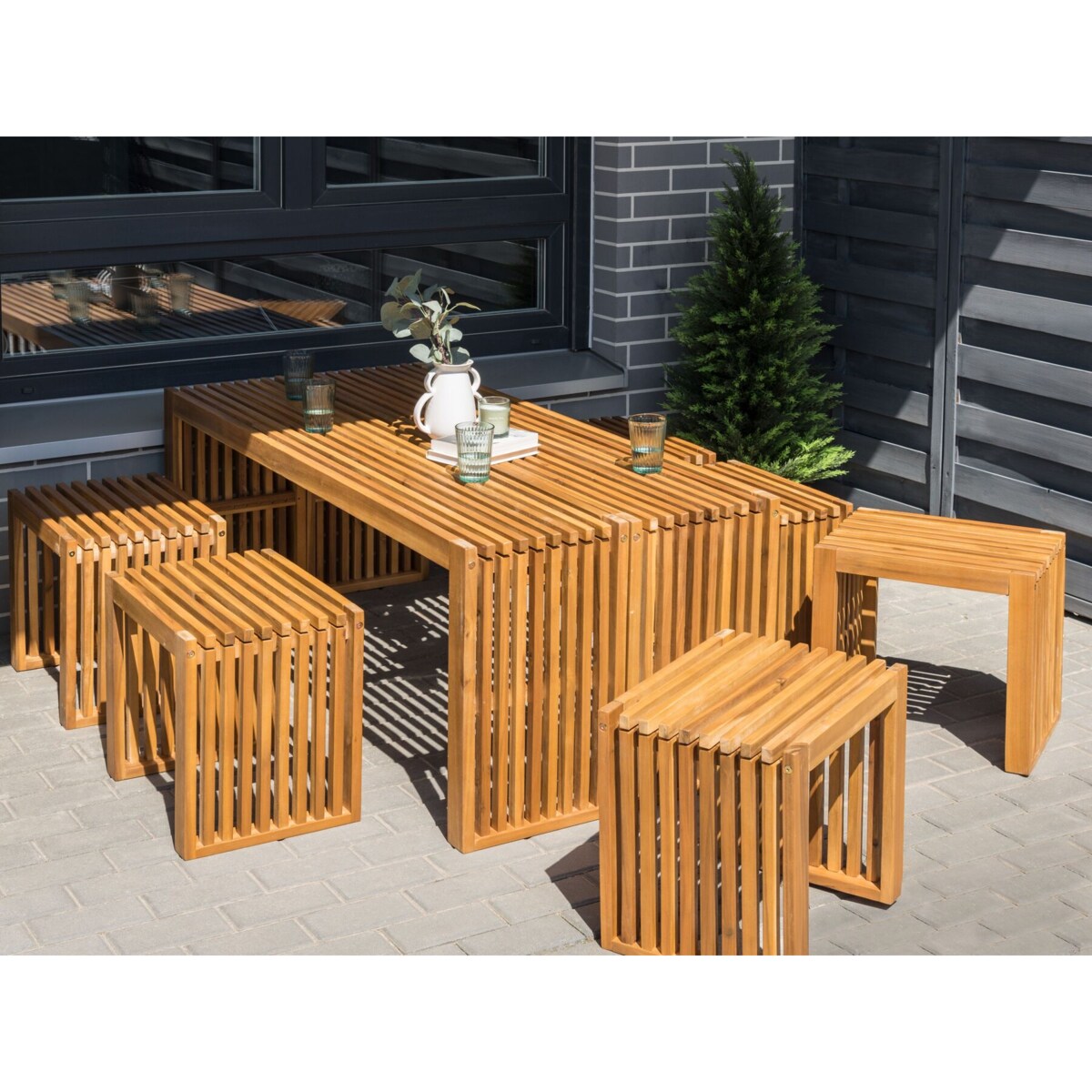 Zestaw ogrodowy z ławkami i stołkami dla 6 osób BELLANO Drewno akacjowe Brązowy