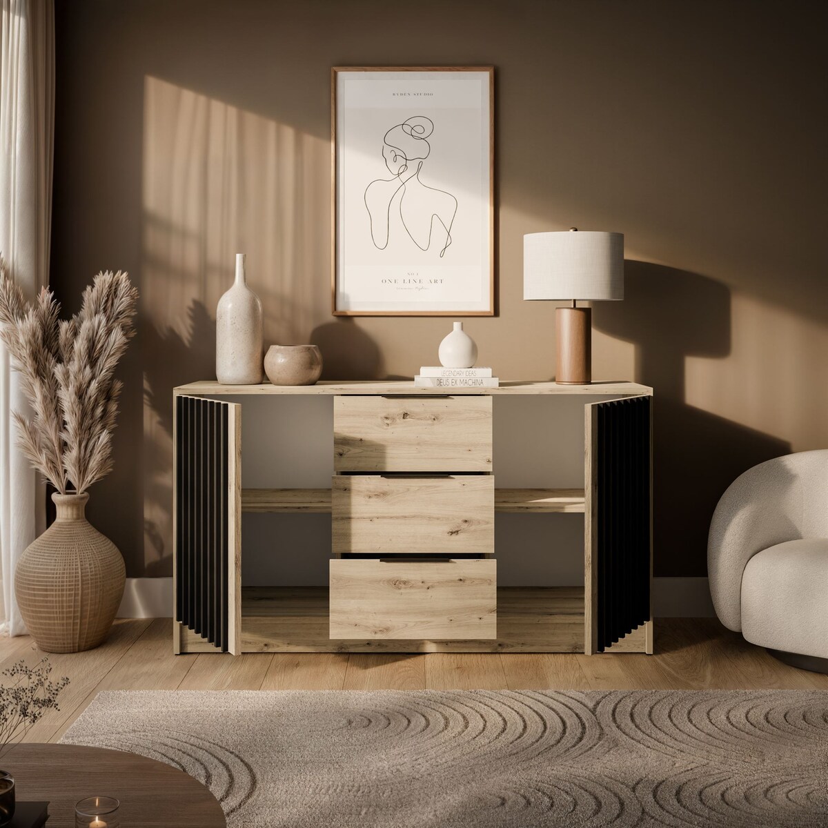 Dwudrzwiowa komoda NELA z lamelami, dąb artisan + czarny