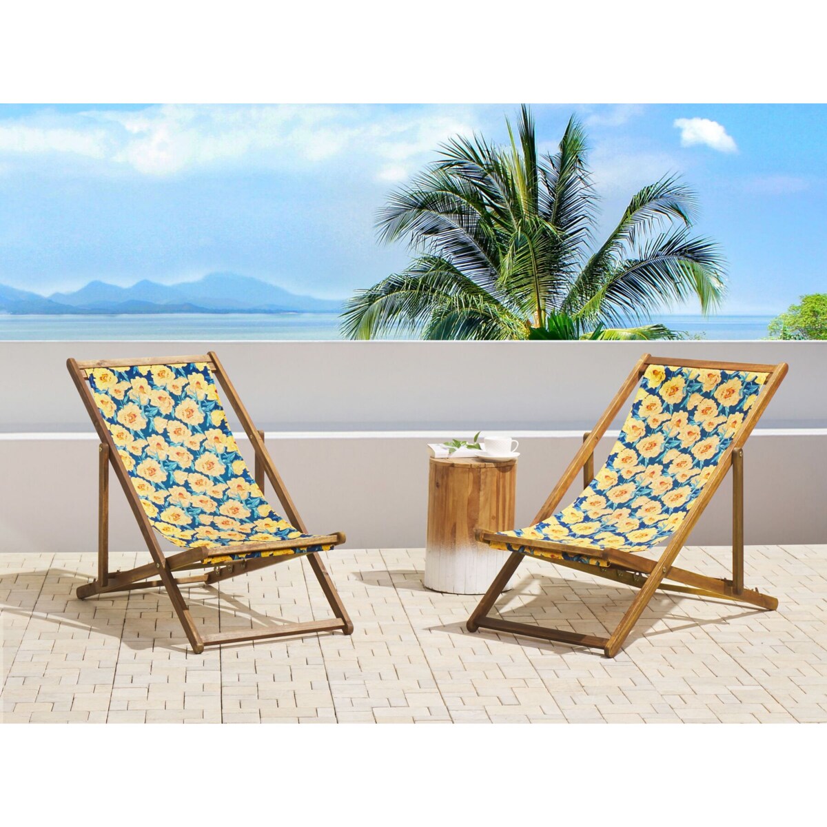Zestaw 2 leżaków ogrodowych jasne drewno akacjowe wzór w kwiaty żółty ANZIO