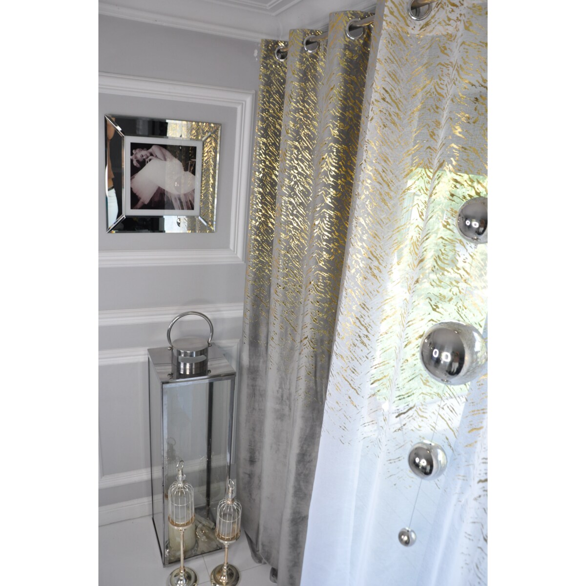 zasłona welurowa "velvet glow" złoty print 140x250 cm szary
