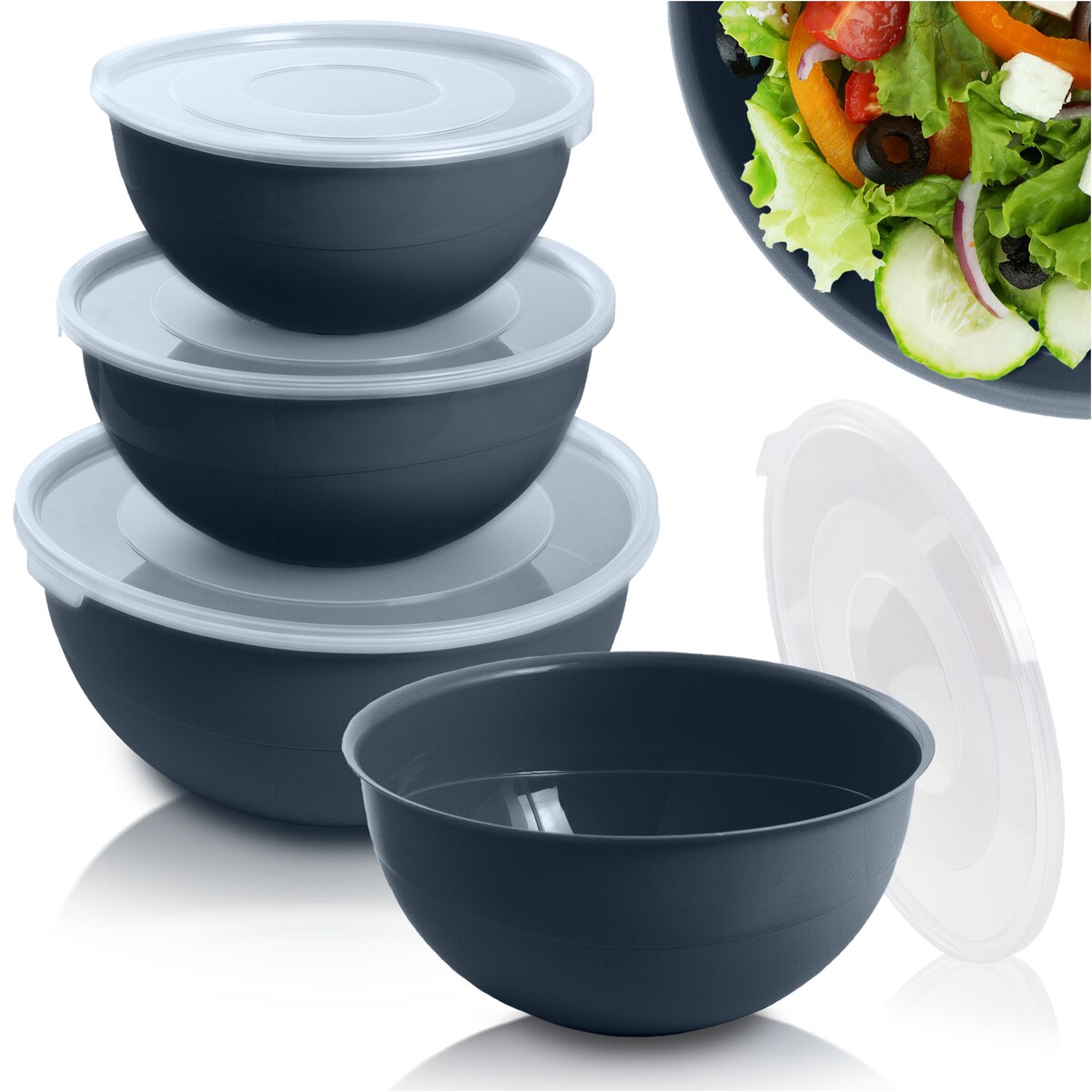 Miska Plastikowa Okrągła Kuchenna Z Pokrywką Zamykaniem Zestaw Misek 3 Szt. Misa Ciemnoszara