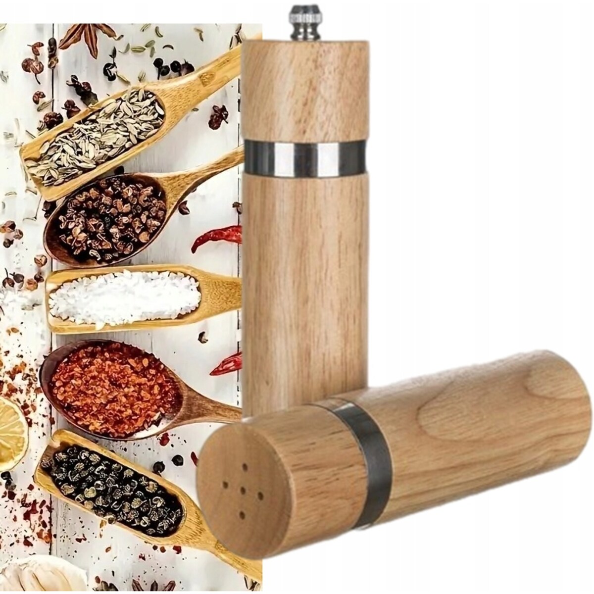 DREWNIANY zestaw przyprawnik solniczka z młynkiem do domu restauracji box