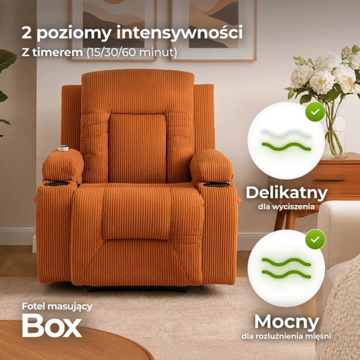 Fotel Masujący Rozkładany Wypoczynkowy z Podnóżkiem Sztruks Rudy BOX 2