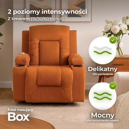Fotel Masujący Rozkładany Wypoczynkowy z Podnóżkiem Sztruks Rudy BOX 2