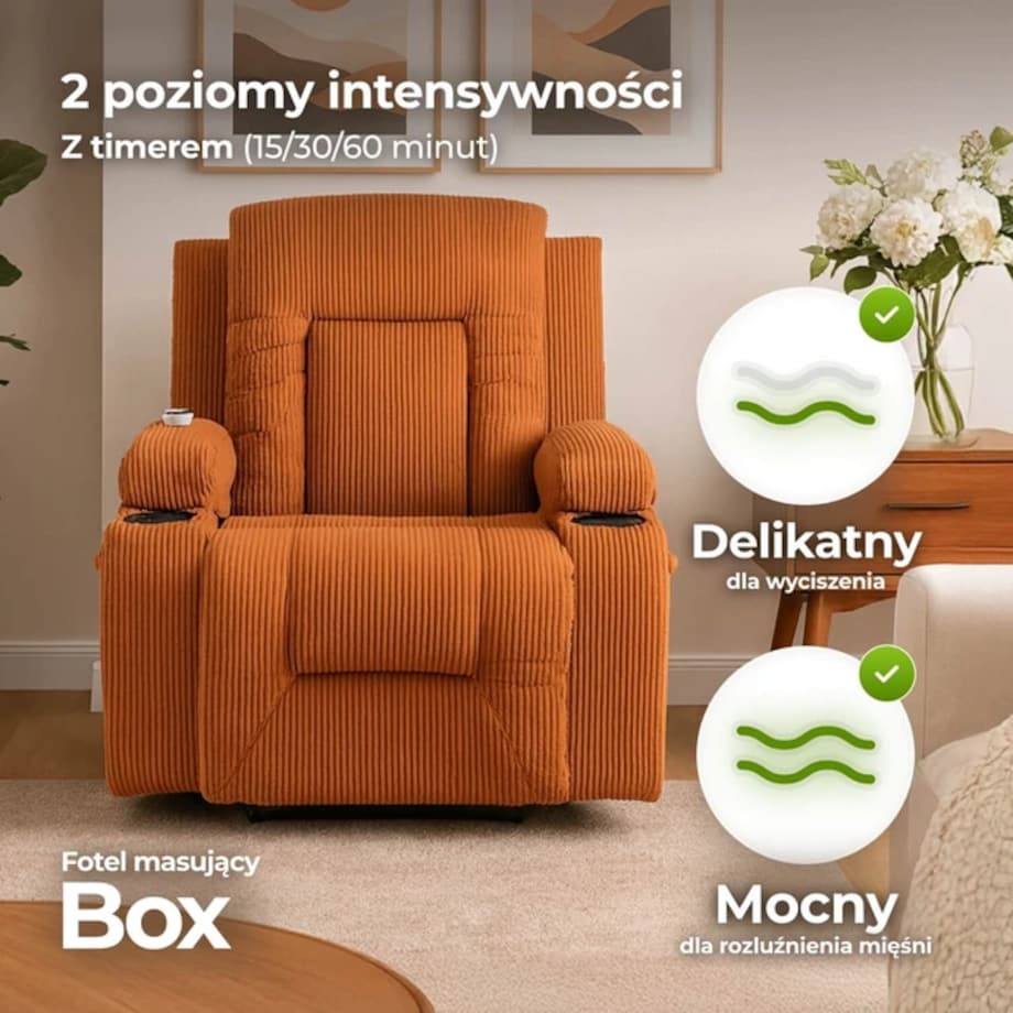Fotel Masujący Rozkładany Wypoczynkowy z Podnóżkiem Sztruks Rudy BOX 2