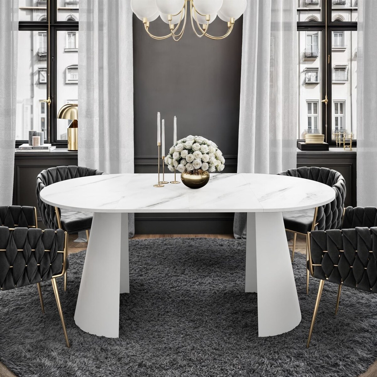 Okrągły stół rozkładany LAVA, średnica 120cm, biały / Marmur Bianco