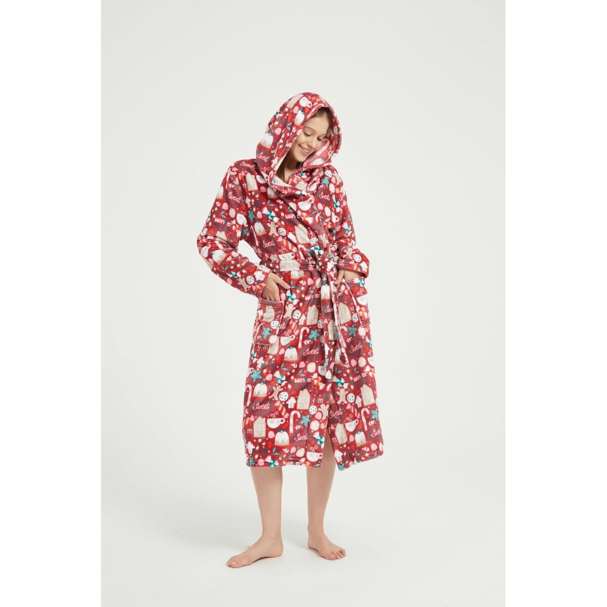 Szlafrok z Kapturem PAULO Świąteczny Czerwony S/M