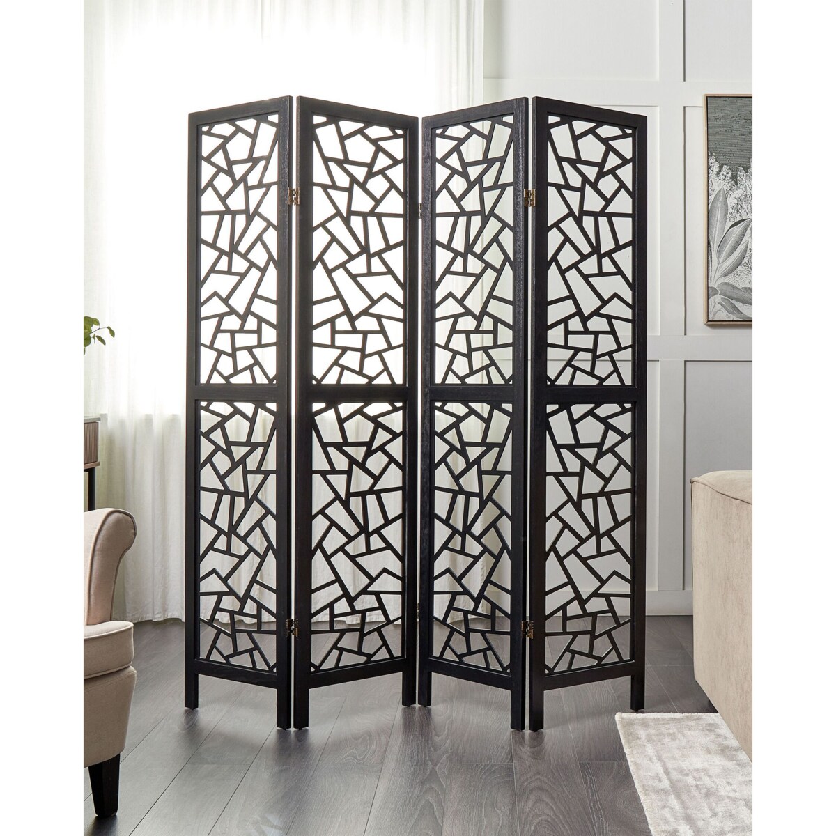 4-panelowy składany parawan pokojowy drewniany 170 x 163 cm czarny PIANLARGO