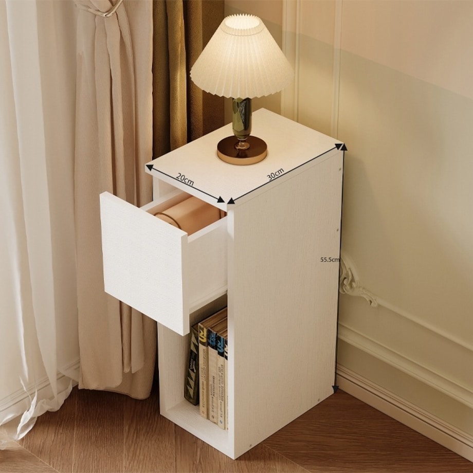 Szafka nocna biała z szufladą stolik z półką nowoczesny loft do sypialni