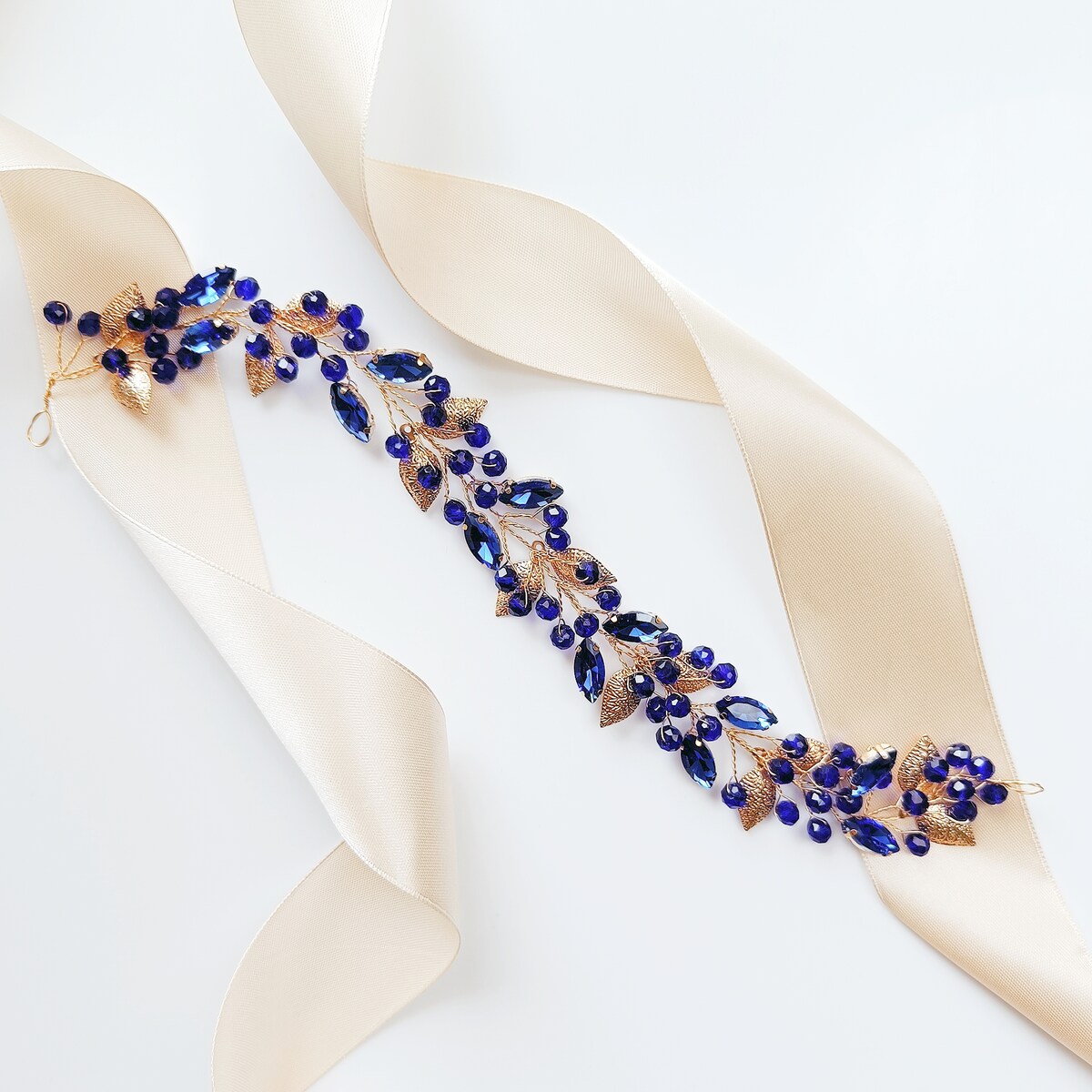 złota niebieska gałązka opaska do włosów z KRYSZTAŁKAMI cyrkoniami listkami