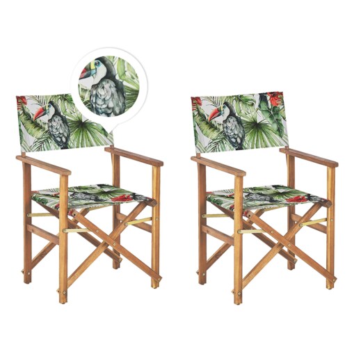 Zestaw 2 krzeseł ogrodowych akacjowy jasne drewno z białym / wzór w tukany CINE