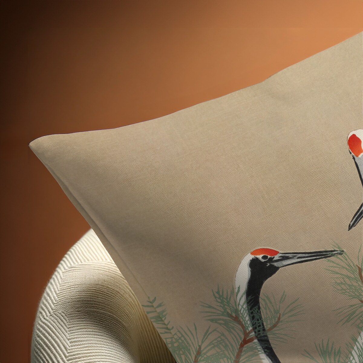 beżowa bawełniana poszewka na poduszkę - japońskie żurawie 40x60 cm