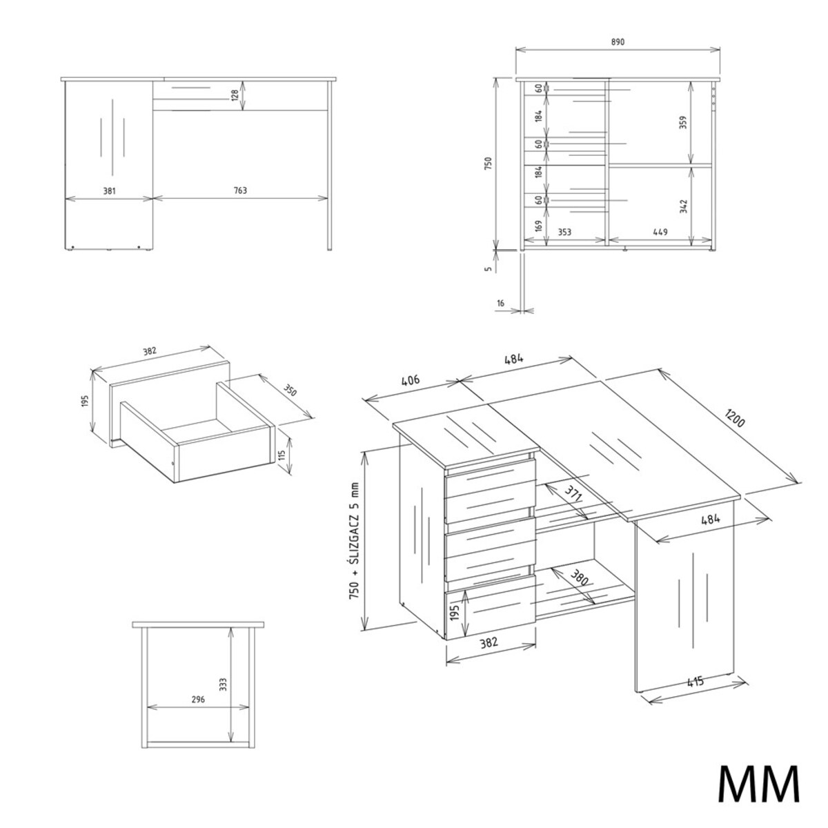 Biurko narożne Nicea lewe białe 120x48,5x75 cm 1 szt.