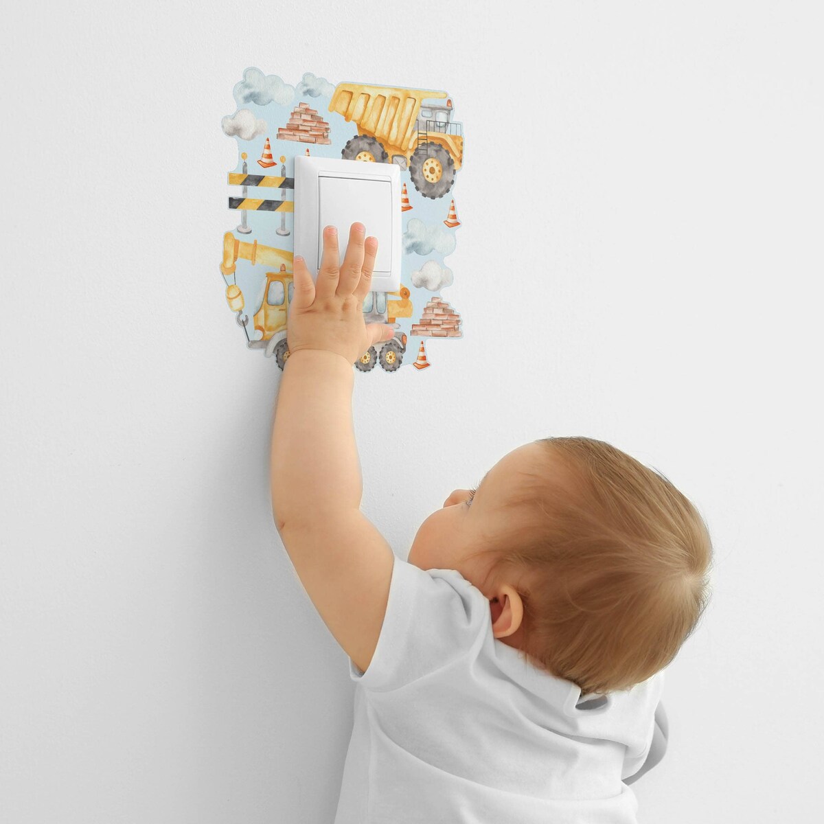 Naklejka Pod Włącznik Do Pokoju Chłopca Chmurki Maszyny Wywrotki Styl Boho 20x20cm