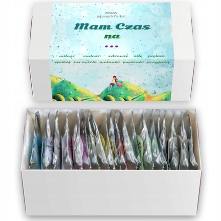 Zestaw prezentowy upominkowy "MAM CZAS NA..." 20 saszetek z różnymi herbatami sypanymi - prezent upominek dla kobiety faceta żony babci dziewczyny