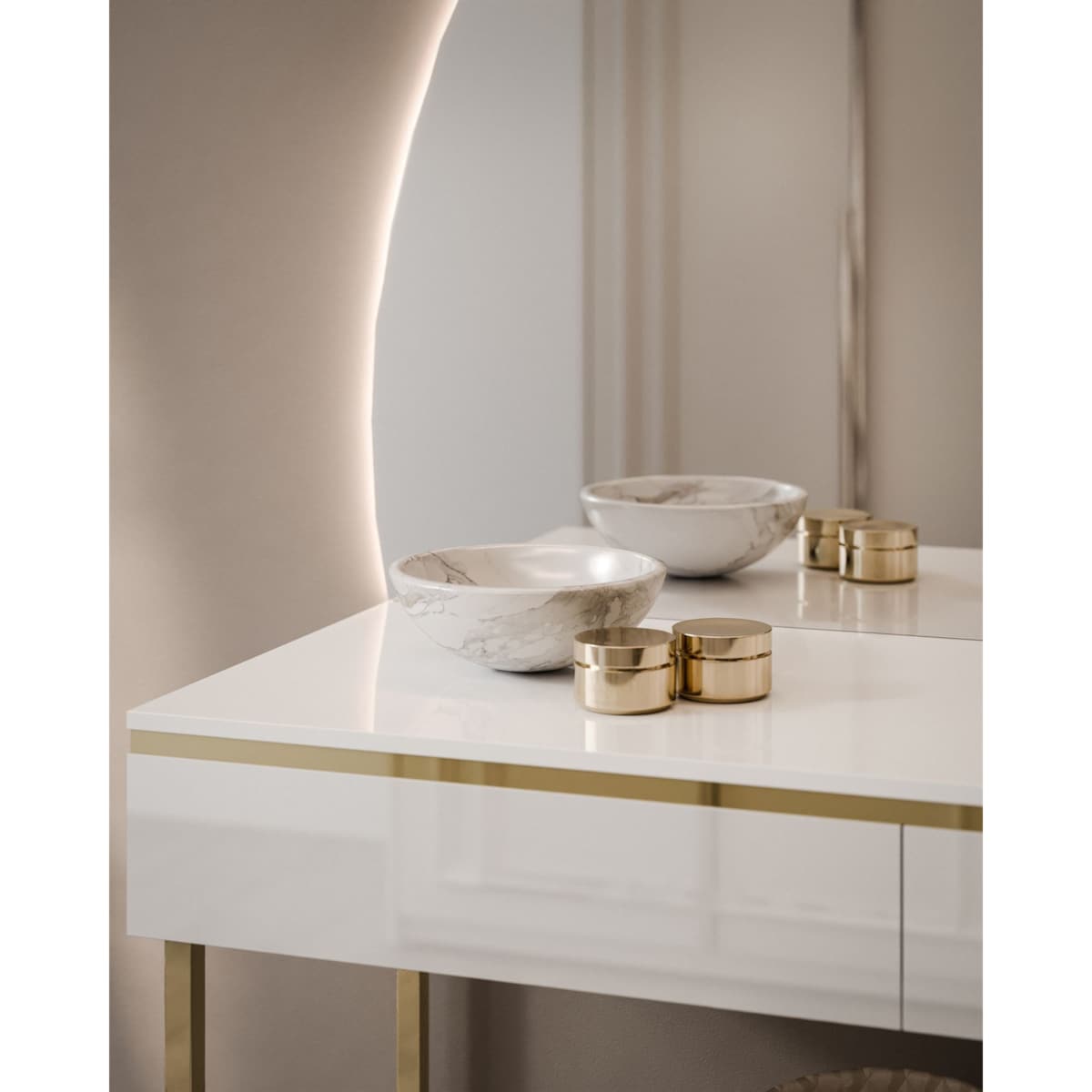 Toaletka AURORA-Q biały połysk na złotym stelażu lewe