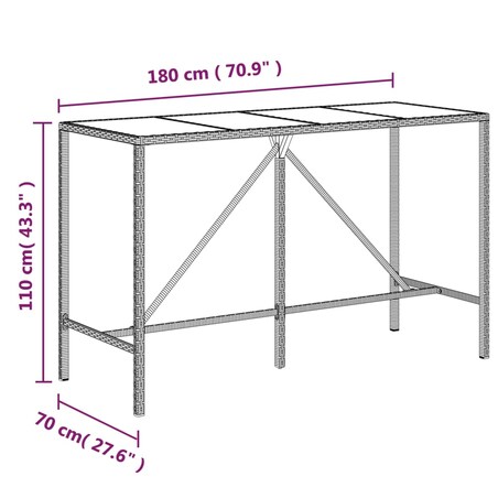 vidaXL Stolik barowy ze szklanym blatem, szary, 180x70x110 cm