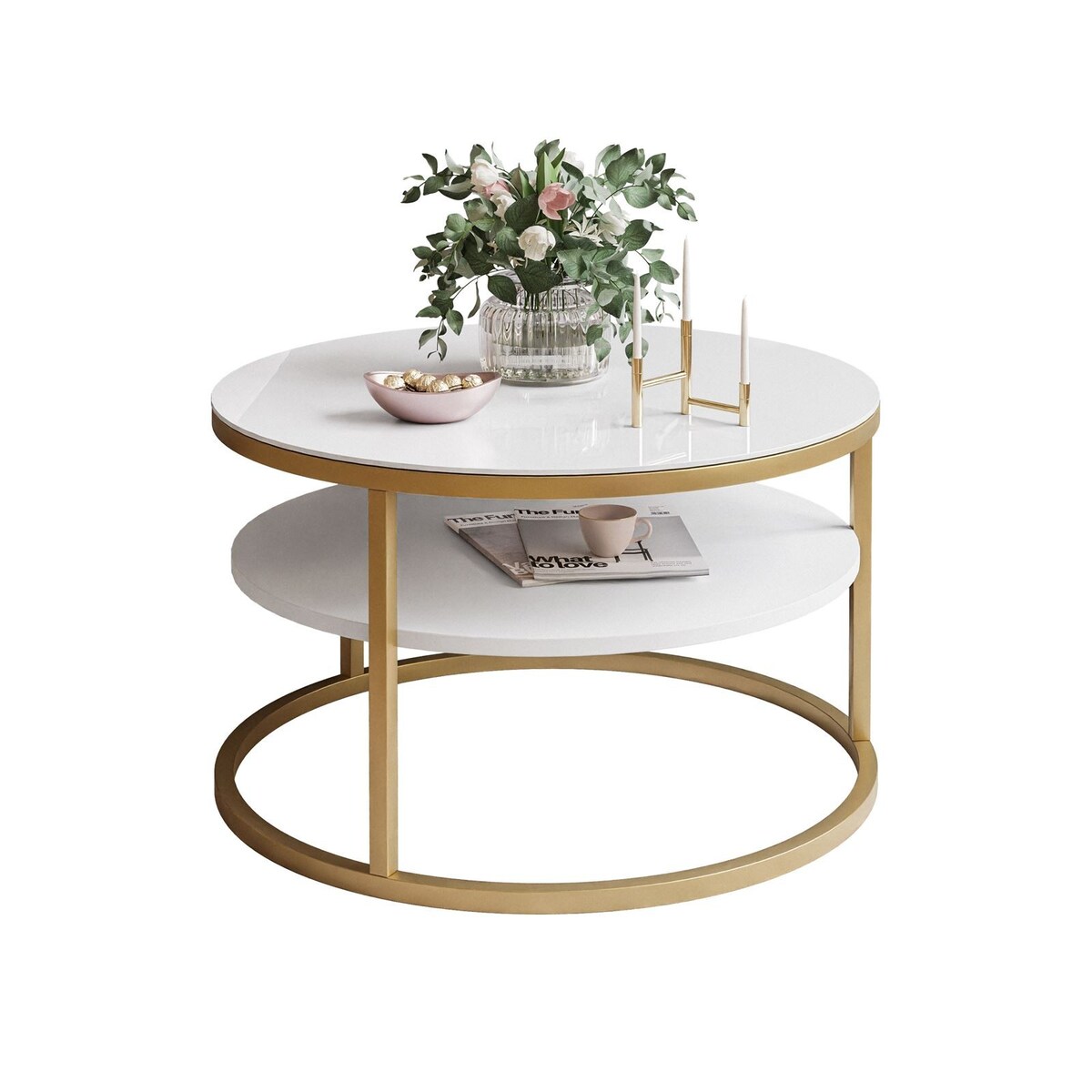 Stolik kawowy CIRI SLIM z półką złoty białe szkło