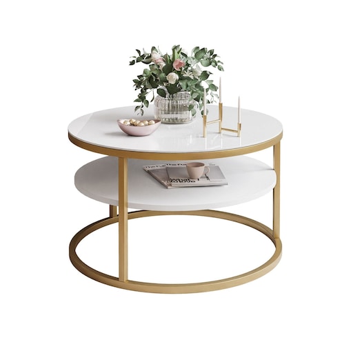 Stolik kawowy CIRI SLIM z półką złoty białe szkło