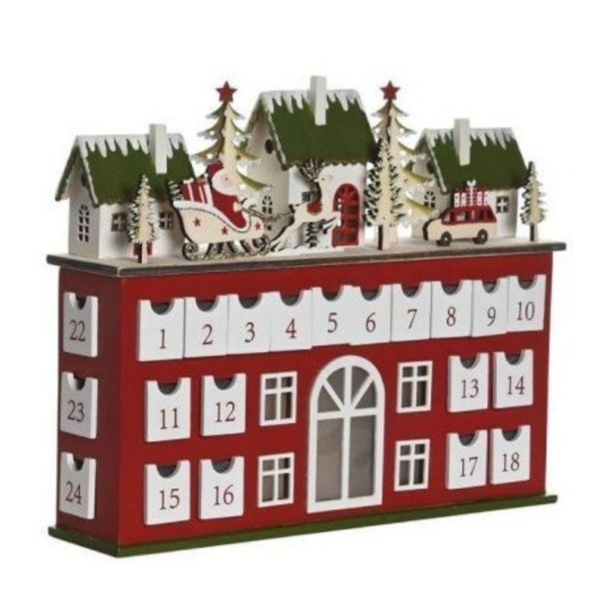 Kalendarz adwentowy LED 31x37,5x8,5 cm WILLA czerwony z domkami