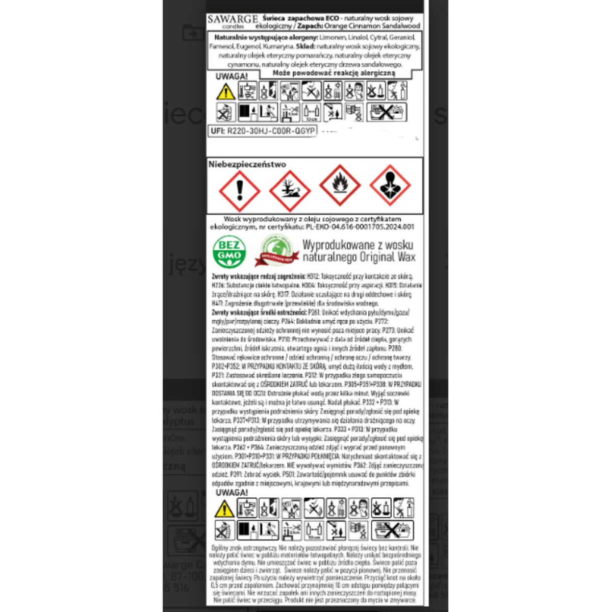 Ekologiczna Zapachowa Świeca Sojowa/70h/Orange Sandalwood Cinnamon 800 g