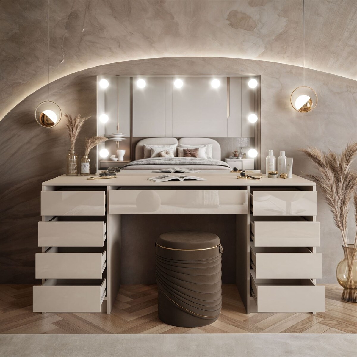 Toaletka MADA ELITE II z lustrem i oświetleniem kaszmir połysk