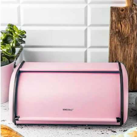 Chlebak stalowy mały 36cm różowy matowy pojemnik na chleb pieczywo bułki KINGHOFF