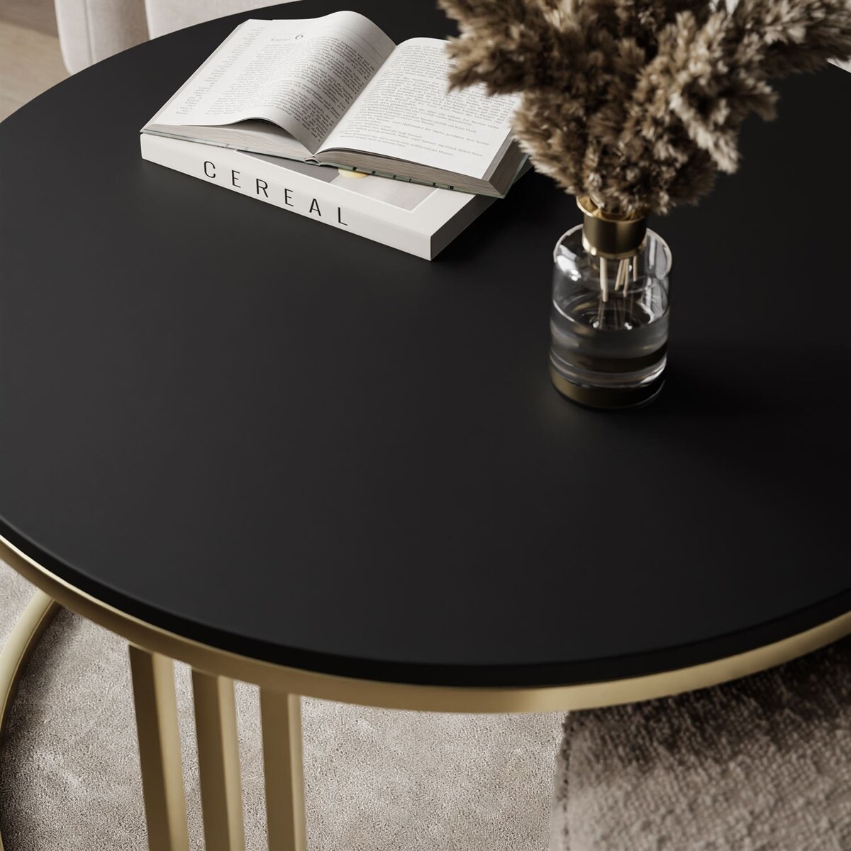 Stolik kawowy z pufą LORI MAT złoto szczotkowane, czarny mat / Coral 50