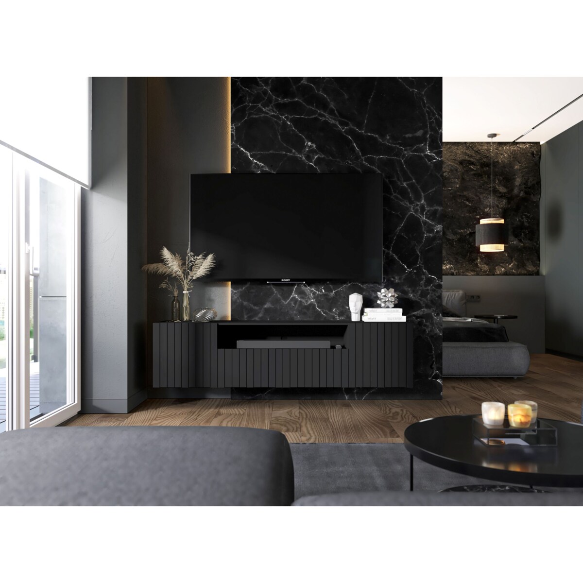 Szafka RTV wisząca Glamour Nowoczesna Komoda RTV Czarny Mat 150 cm