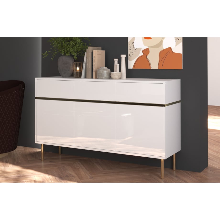 Elegancka biała komoda Dancan MARIKA ze złotymi dodatkami