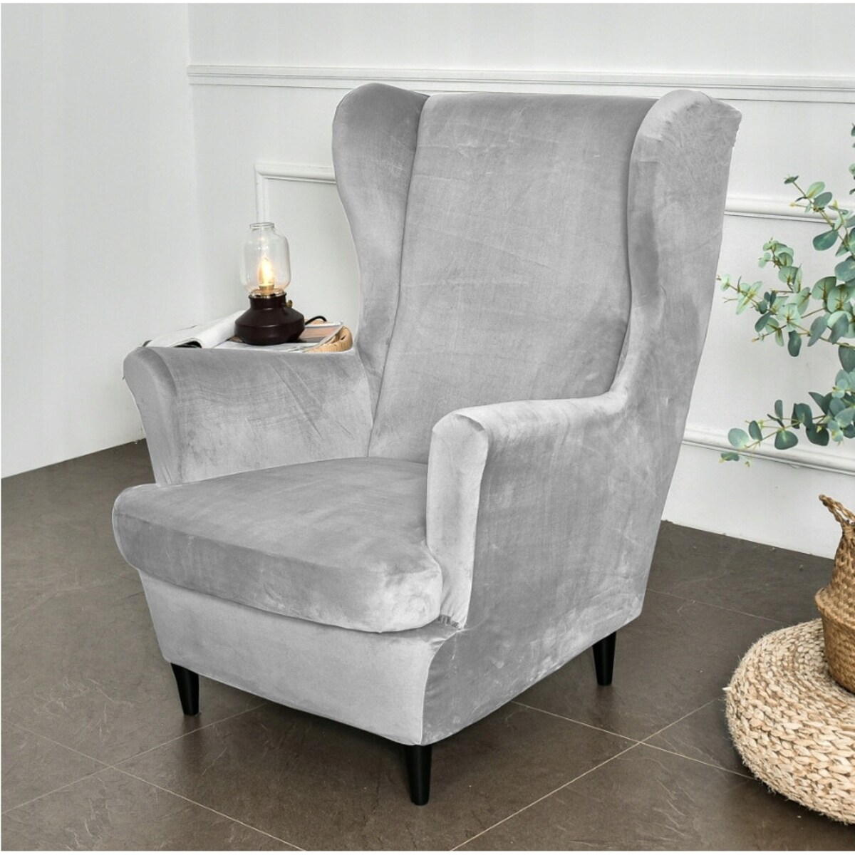 POKROWIEC NA FOTEL USZAK JASNY SZARY WELUR ELASTYCZNY [22E5]