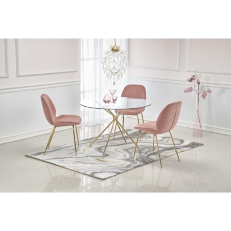 STÓŁ OKRĄGŁY Dore TRANSPARENTNY szklany blat ZŁOTE NOGI