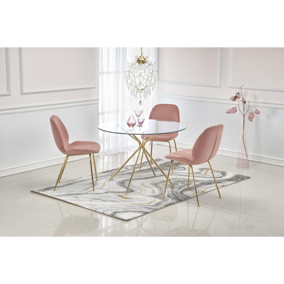 STÓŁ OKRĄGŁY Dore TRANSPARENTNY szklany blat ZŁOTE NOGI