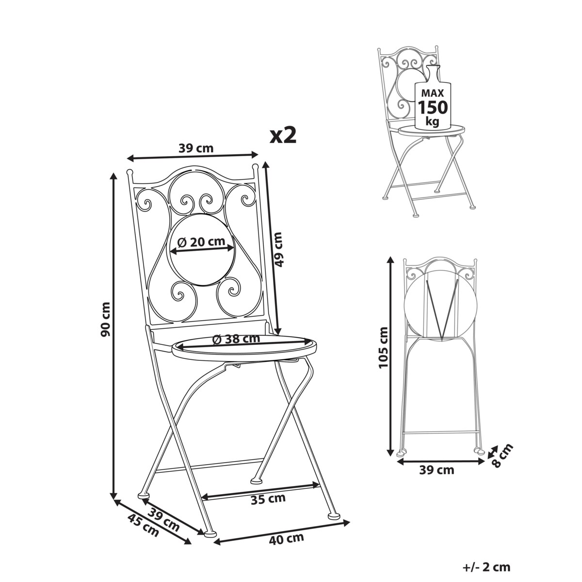 Zestaw 2 krzeseł ogrodowych COMISO Składane Metal Czarny/ biały