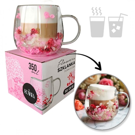 Szklanka termiczna z kwiatami w środku, gipsówka hortensje róż 300 ml 1szt SZK182