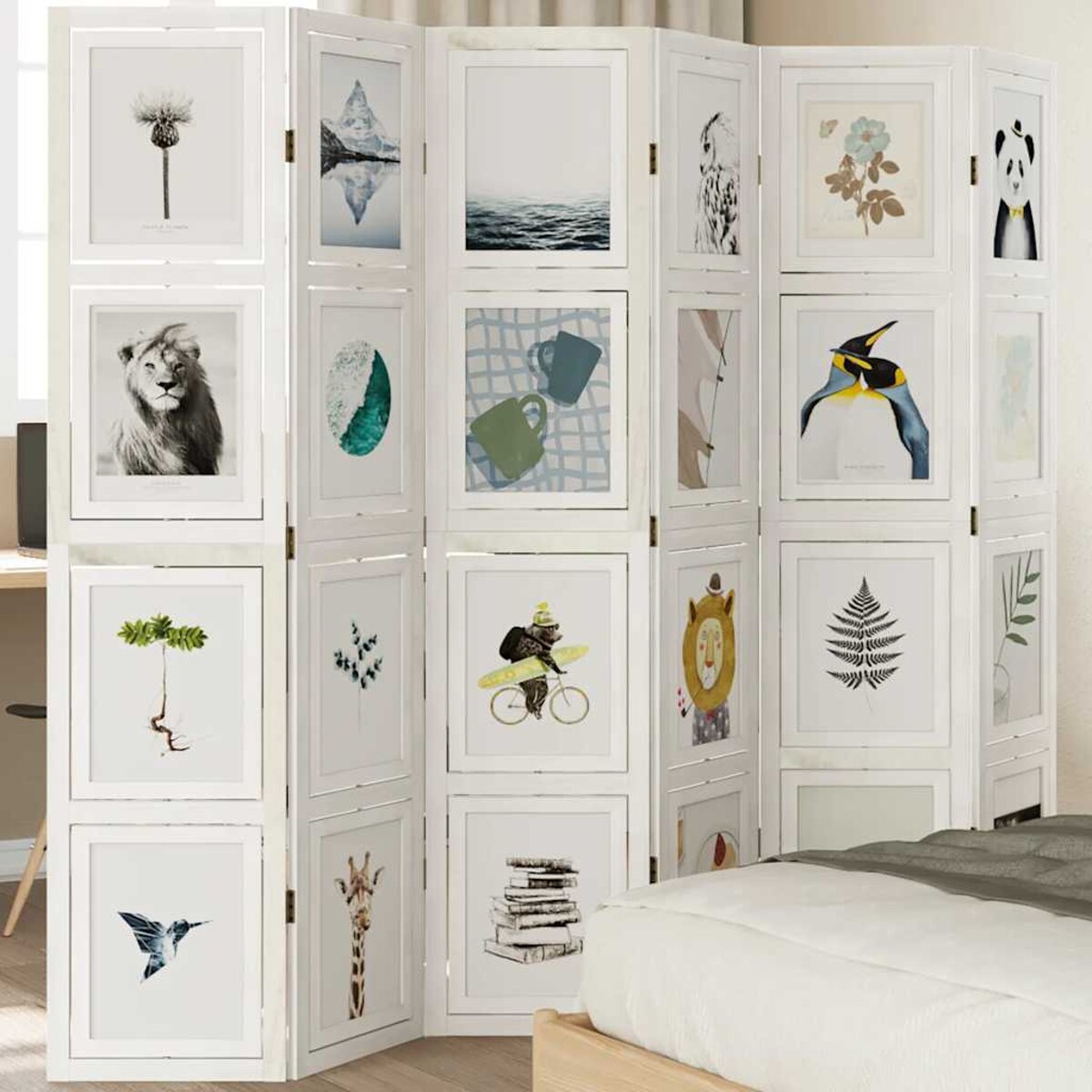 vidaXL Parawan pokojowy, 6-panelowy, biały, lite drewno paulowni