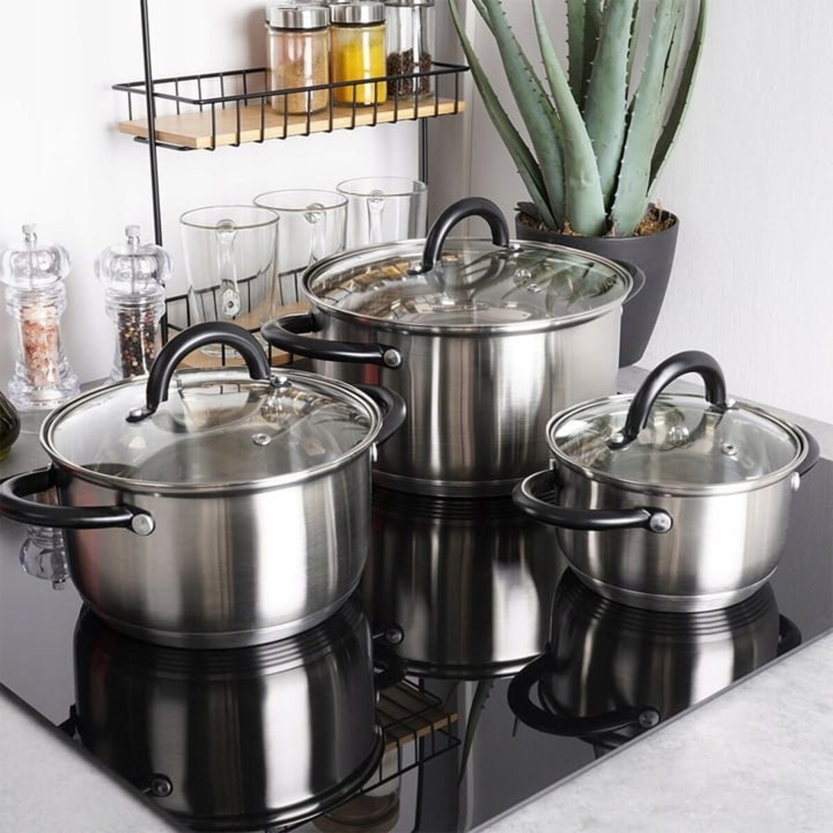 Garnki Vilde Zestaw Komplet Garnków Stalowe Srebrne Czarne do Gotowania