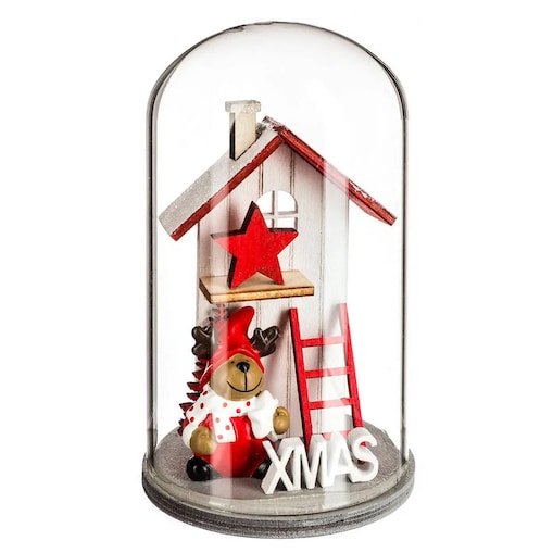 Kopuła szklana z drewnianym domkiem świątecznym, 12 cm