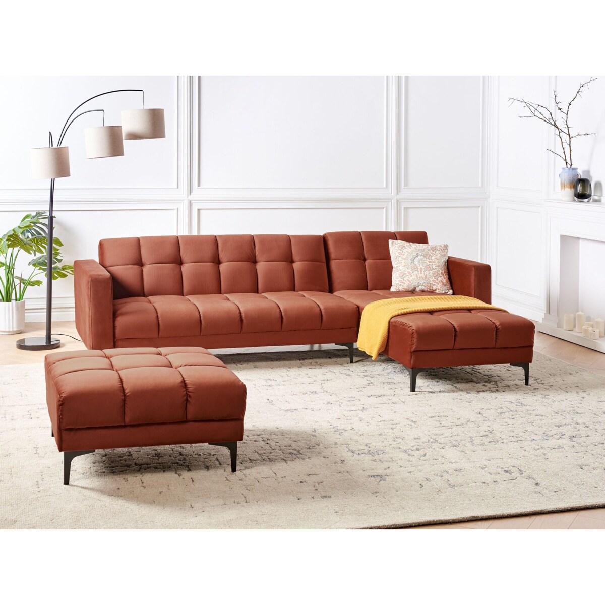 Sofa narożna lewostronna z otomaną ALNES Jasnoczerwony Welur Lewostronny