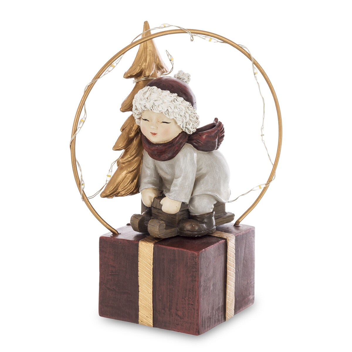 Dekoracja - chłopczyk na sankach na pudełku LED 13x7x8 cm