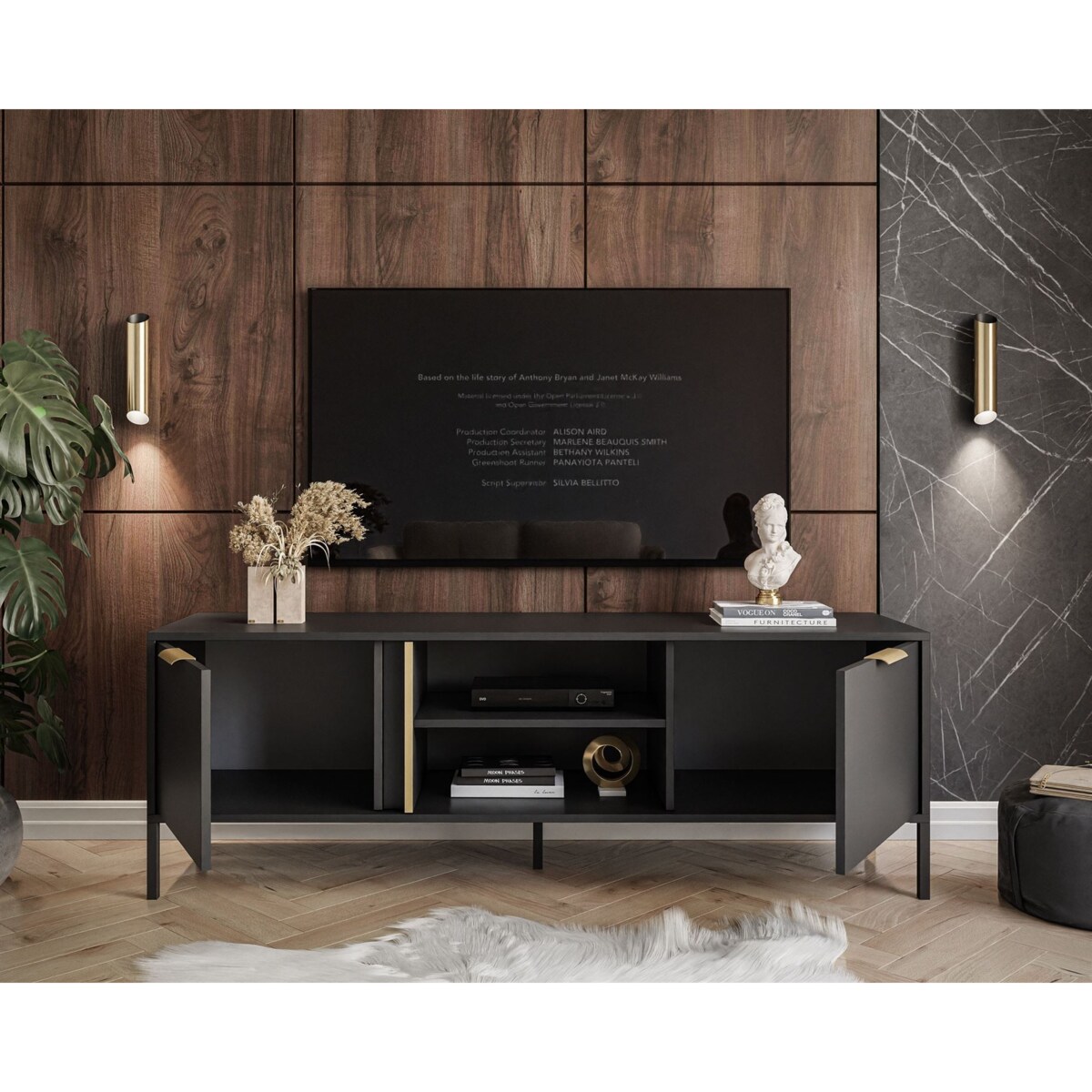 Szafka RTV LARETTO 153 cm antracyt, czarna, nóżki czarne