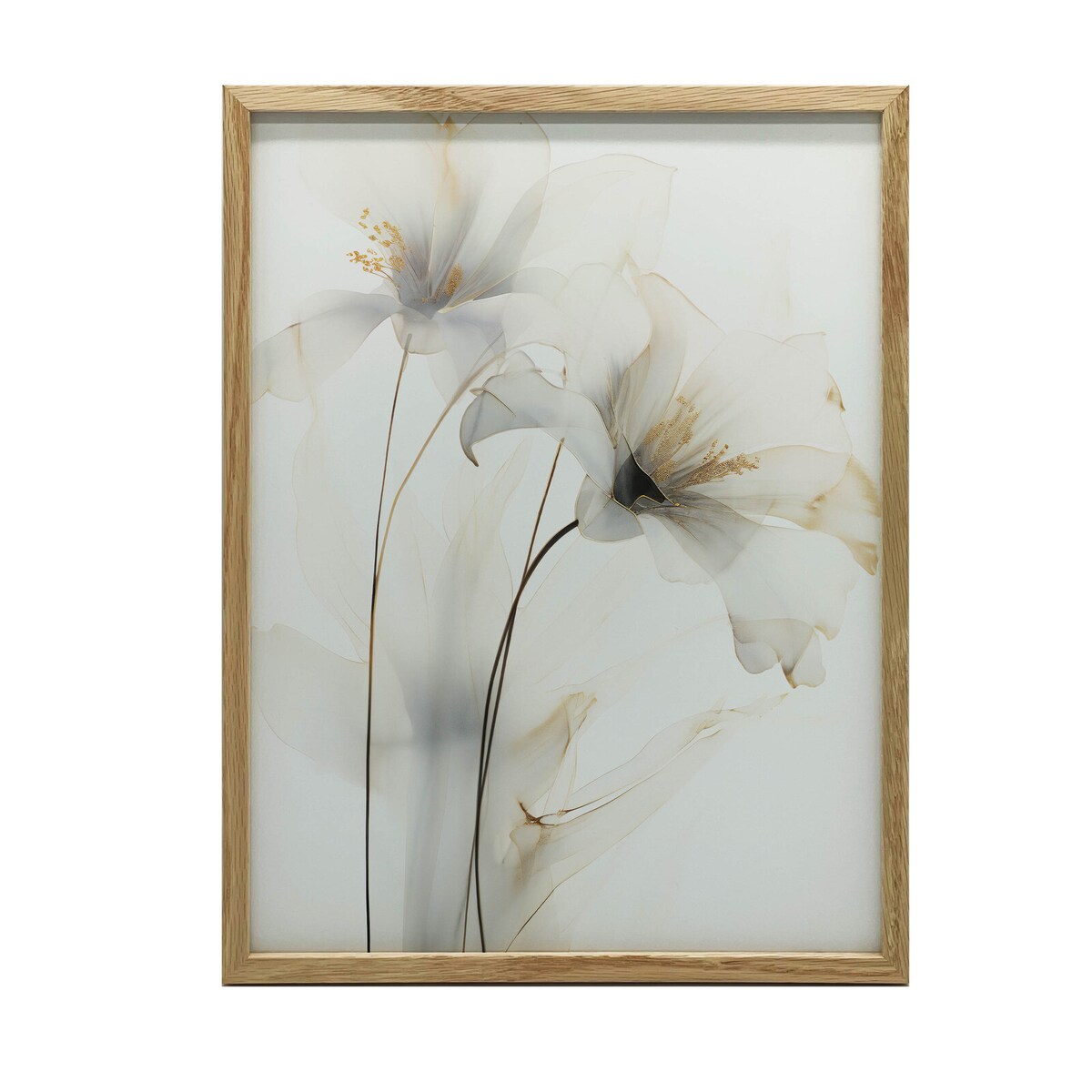 Białe Lilie ze Złotym Blaskiem, 40x50 cm, rama drewniana jasny dąb, papier matowy 230 gsm