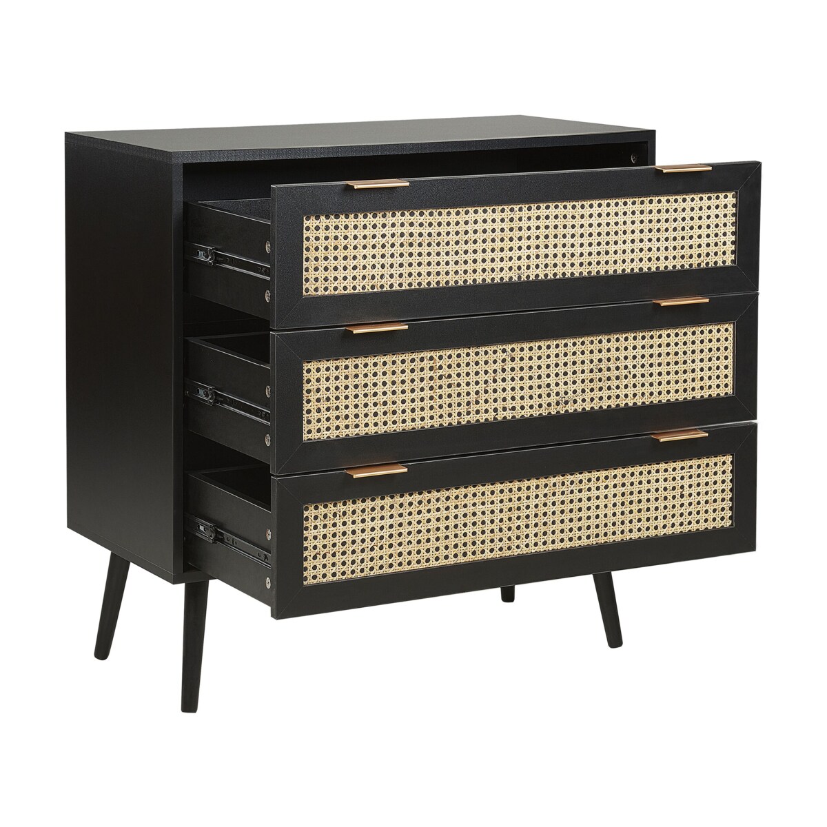 Komoda 3 szuflady fronty rattanowe czarna OPOCO