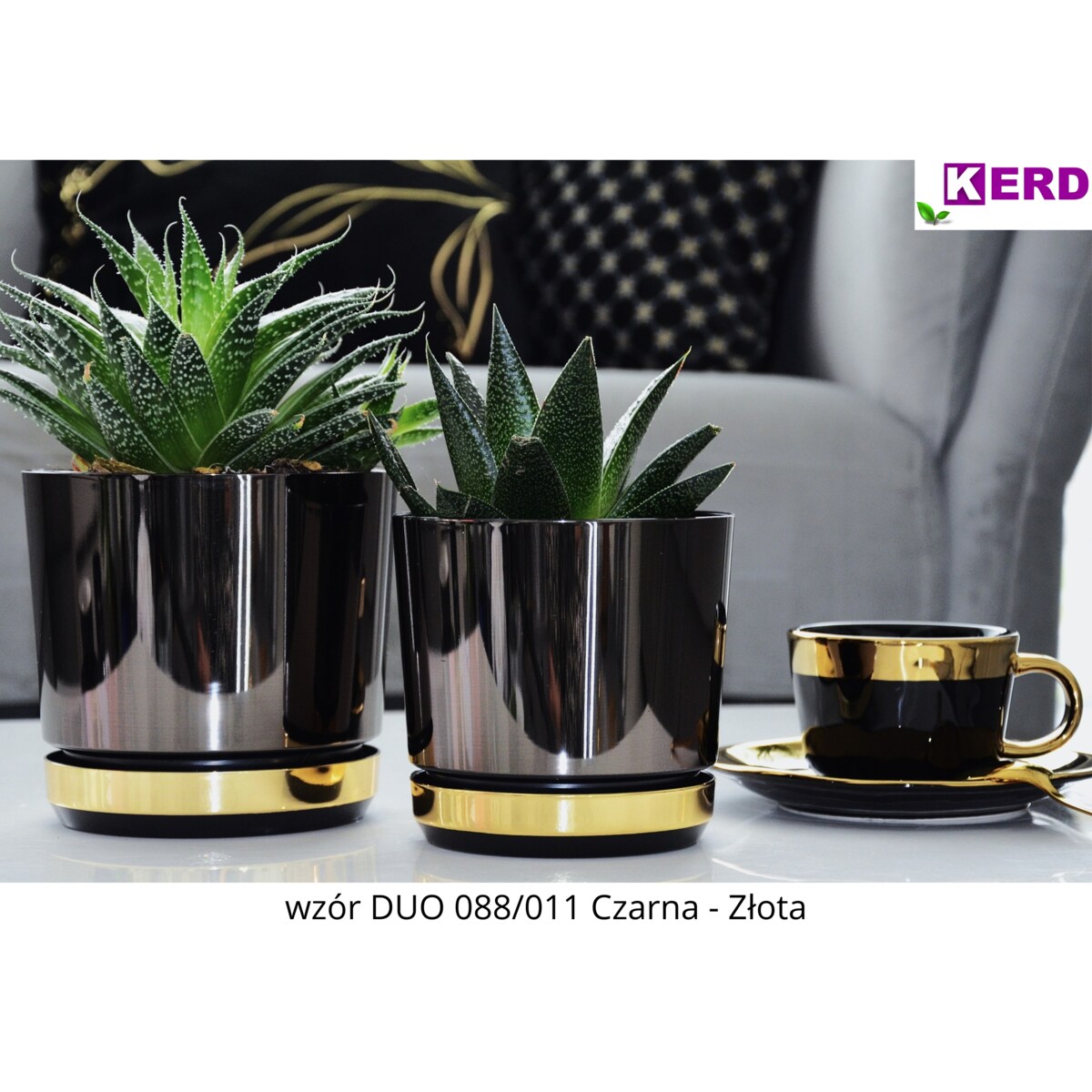 14 Doniczka DUO CZARNA z podstawką ZŁOTA dwukolorowa nowoczesna glamour wysoki połysk metaliczna elegancka