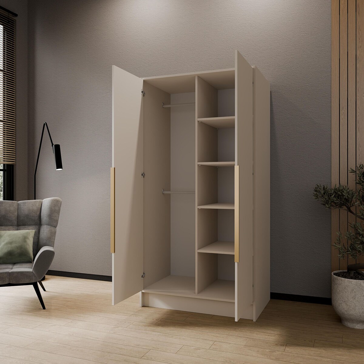 Szafa 100 gładka LUSO z lustrem i złotymi uchwytami, kaszmirowa