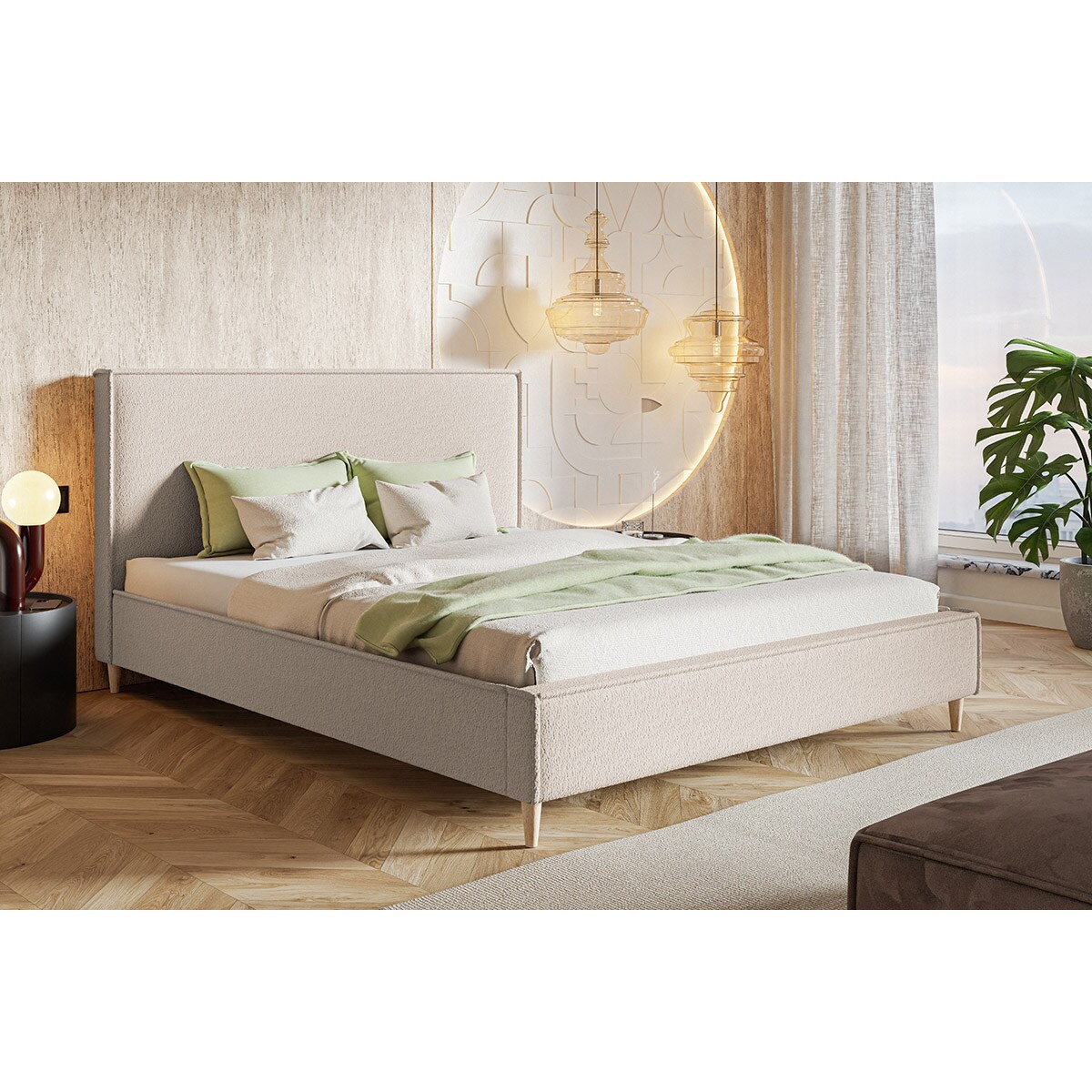Łóżko tapicerowane 140x200 LUXO 8 na drewnianych nogach, boucle - beżowy