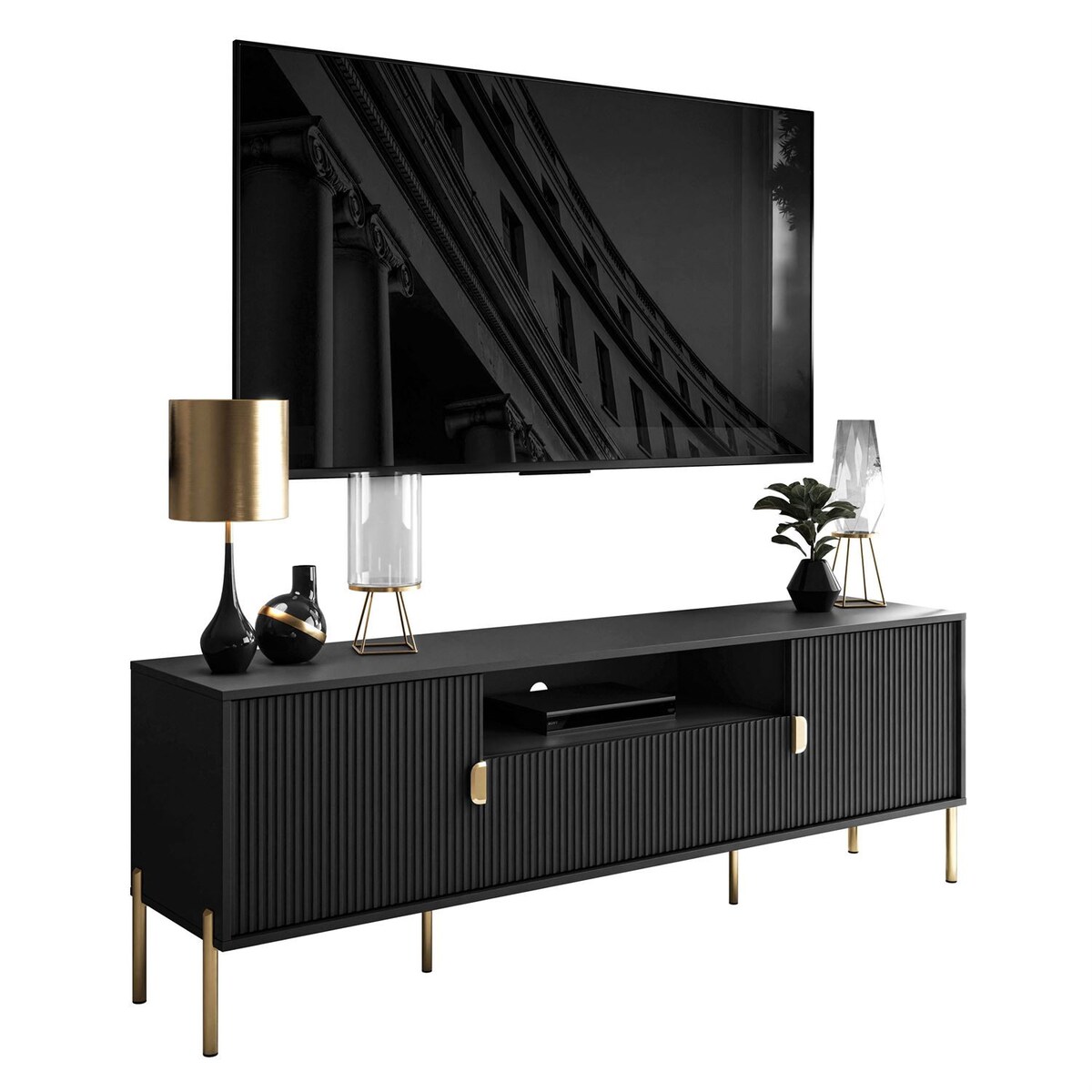 Szafka RTV DALIA 180 cm, czarna, nóżki złote