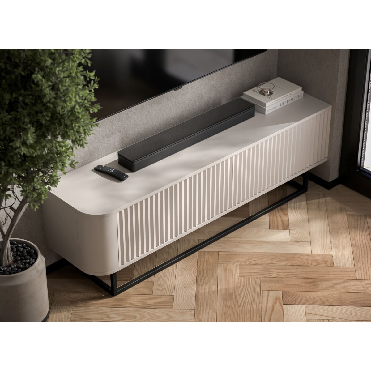 Narożna Szafka RTV Glamour Kaszmir Mat Komoda RTV Ryflowane Fronty Stelaż Metalowy Czarny 140 cm