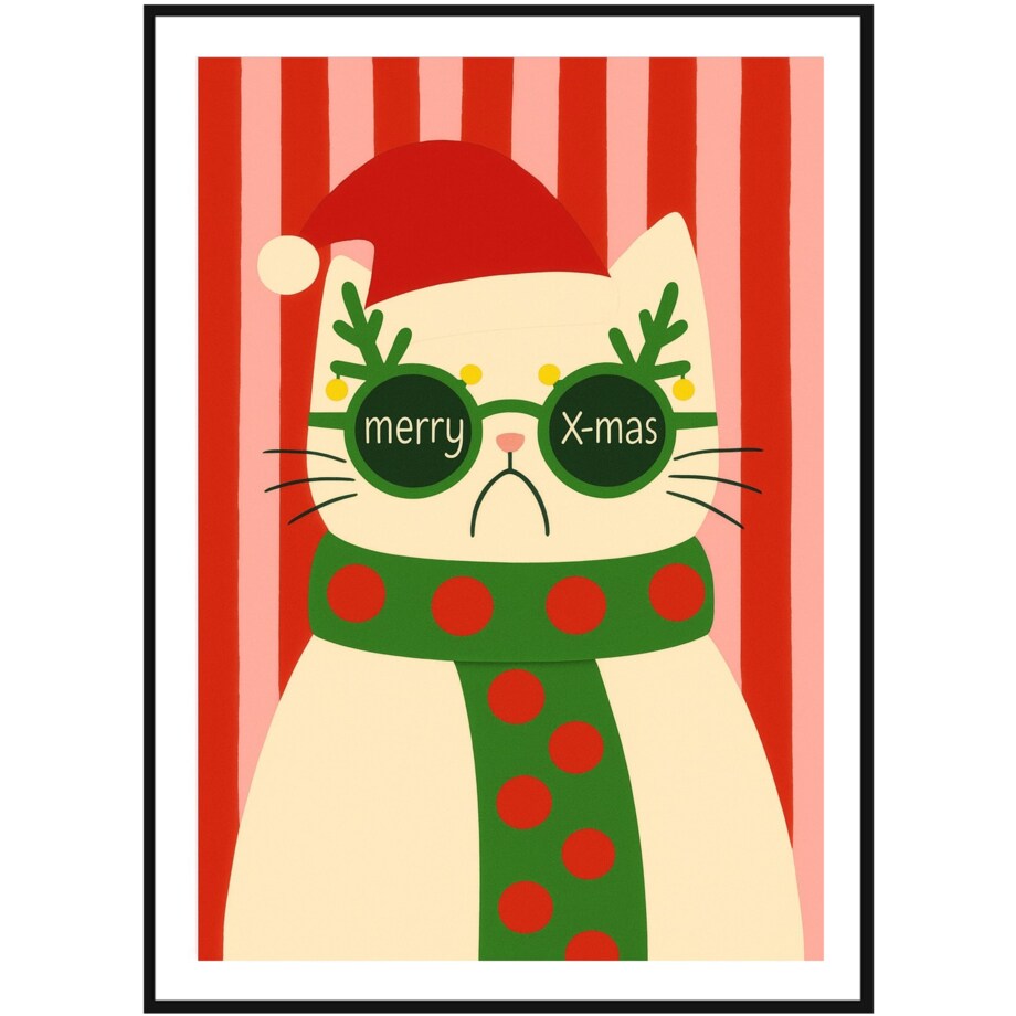 Poster Story, Plakat, Obraz - Kot w Świątecznych Okularach i Czapce Merry X-Mas, wymiary 30 x 42 cm