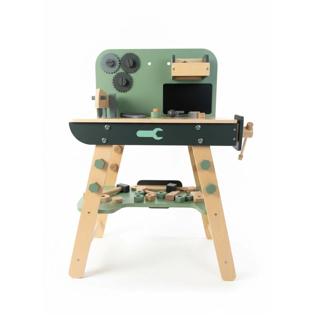 Drewniany warsztat dla dzieci z narzędziami – zestaw majsterkowicza Montessori 3+ z imadłem i akcesoriami